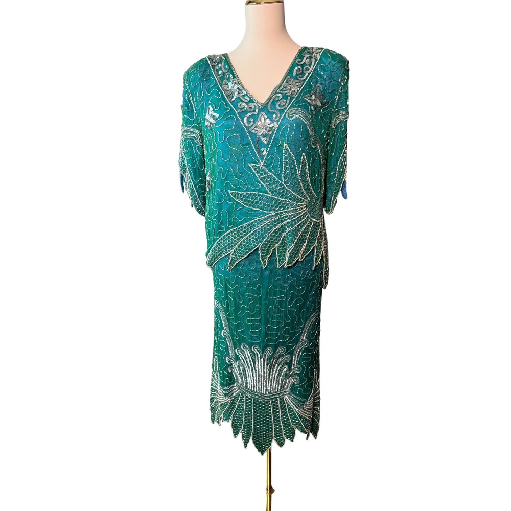 Vintage 80s Silk Beaded Teal Blue Green Skirt Top Set Made India Evening Size L